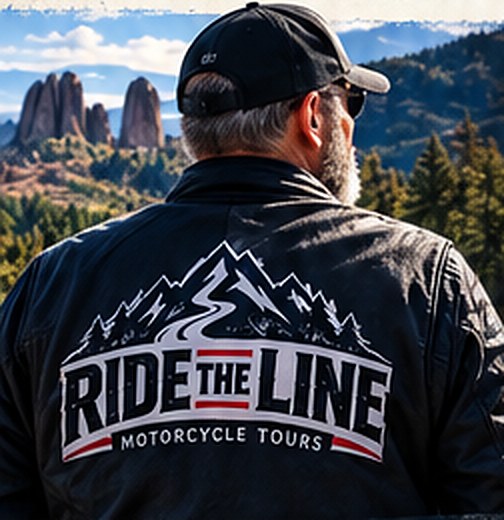 Rod, seen from behind in a Ride the Line Motorcycle Tours jacket, looking out over the Black Hills