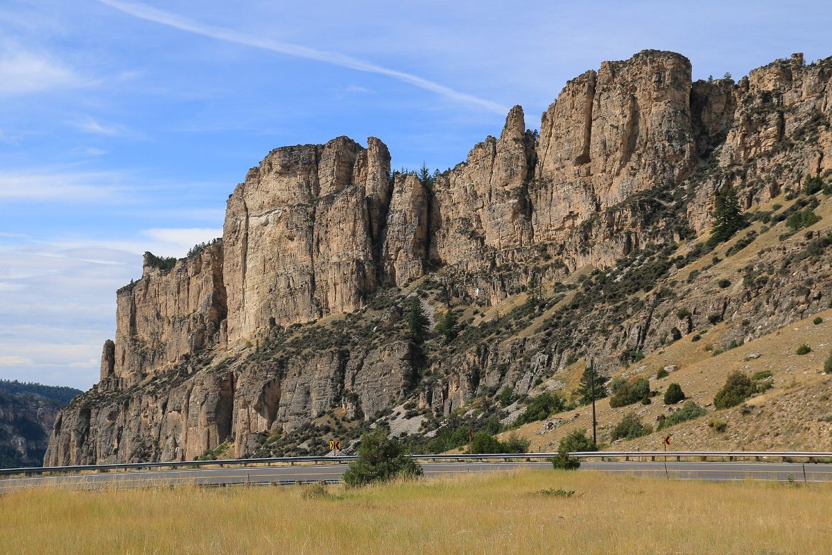 Tall rock cliffs of Ten Sleep Canyon in the Bighorn Mountains