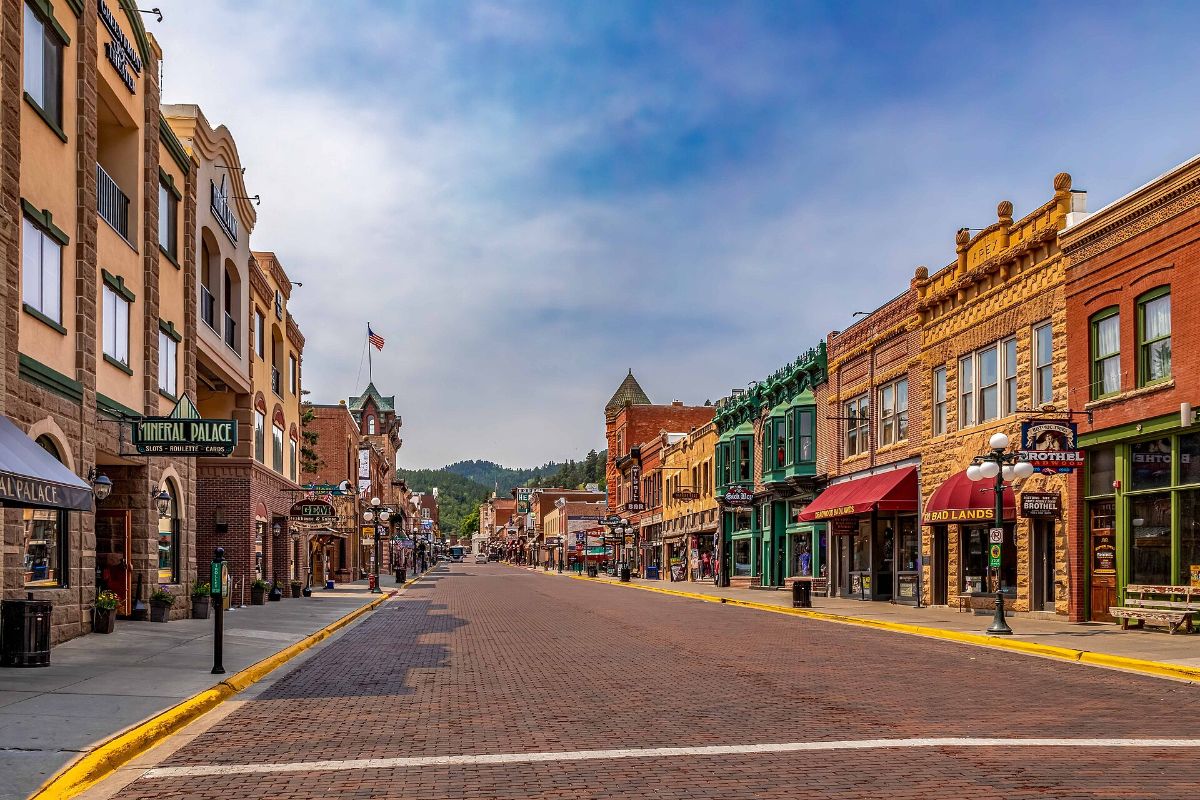 Historic brick buildings along Main Street in Deadwood, South Dakota