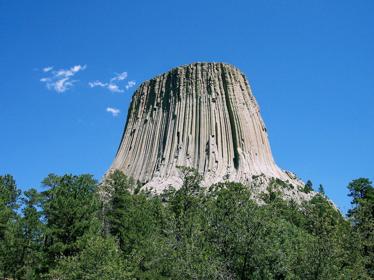 Devils Tower rising above the pine forest in Wyoming