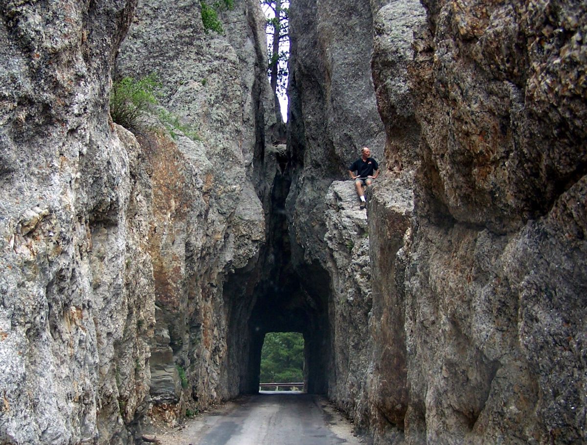 The narrow Needles Eye Tunnel cut through granite on the Needles Highway